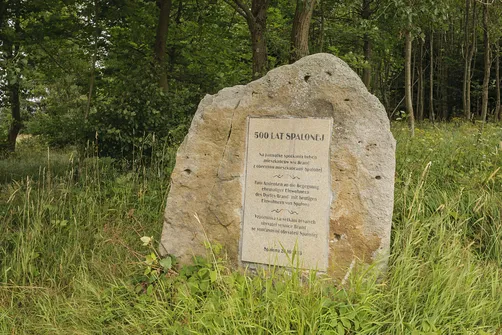 Kamień pamiątkowy z okazji 500 lat istnienia Spalonej umieszczony na pamiątke spotkania byłych mieszkańców wsi Brand z obecnymi mieszkańcami Spalonej