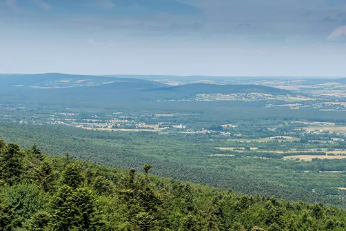 Widok z Łysej Góry - w oddali Miejska Góra, a dalej po lewej Bukowa Góra w Paśmie Klonowskim