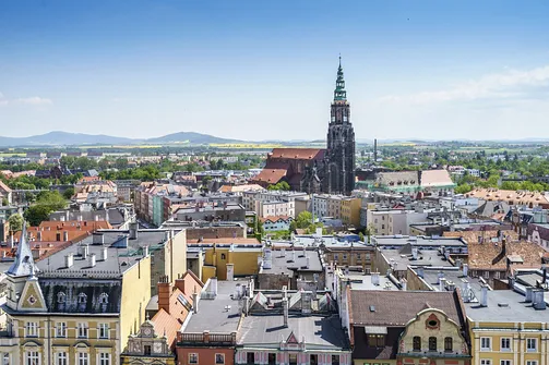 Widok z wieży ratuszowej na Katedrę św. Stanisława i św. Wacława w Świdnicy