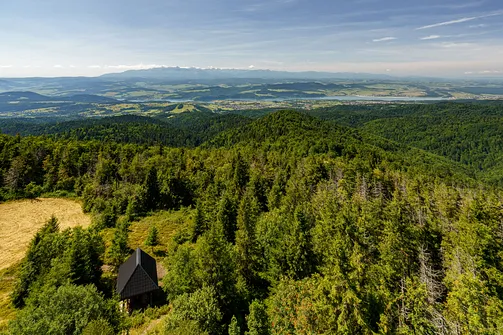 Widok z wieży widokowej na Lubaniu na Tatry i Jezioro Czorsztyńskie