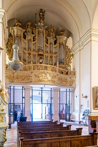 Prospekt organowy nad kruchta we wnętrzu bazyliki Nawiedzenia Najświętszej Maryi Panny w Sejnach.