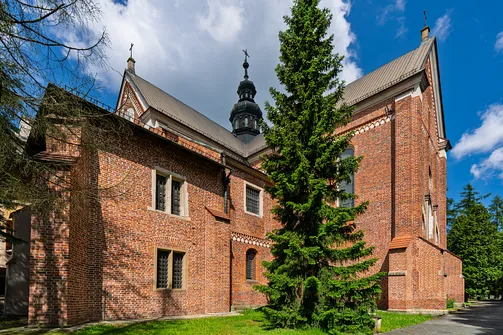 Zewnętrzny widok na ceglaną bryłę bazyliki z widoczną wieżą sygnaturki przed świątynią.