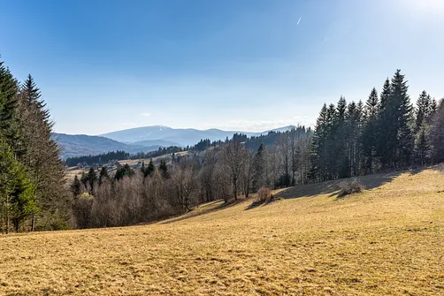 Panorama górska z polany podszczytowej z widokiem na odległe grzbiety Beskidu Żywieckiego (Pilsko, Palenica i Romanka).